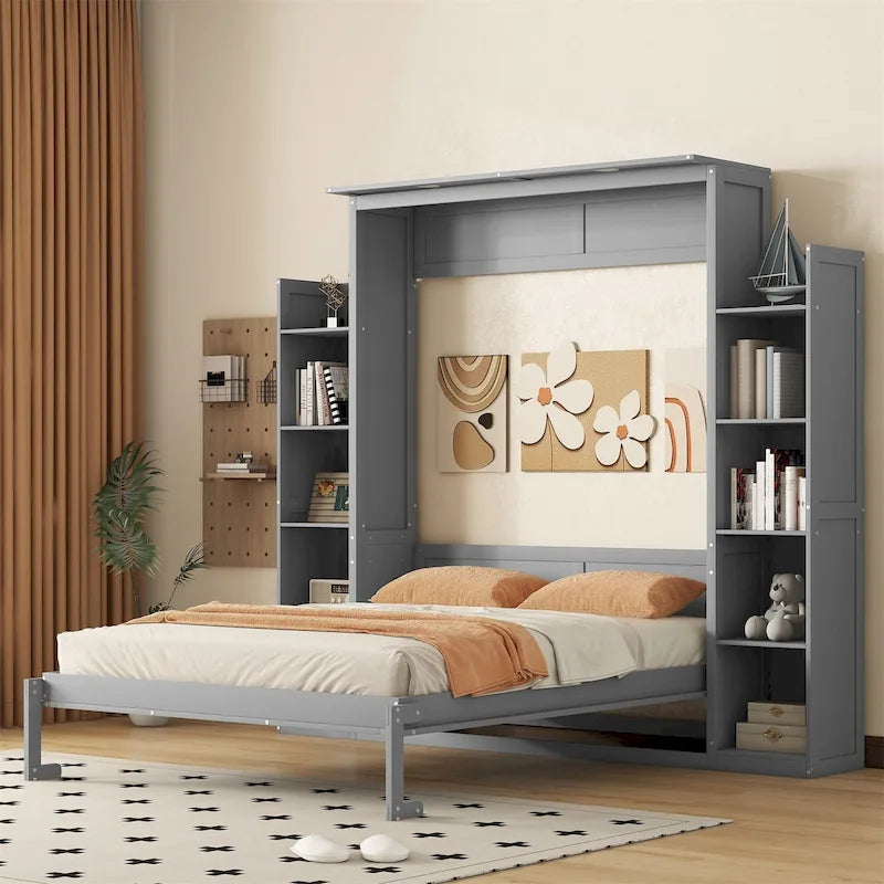 Letto a muro a scomparsa Murphy Queen Bianco/Grigio con ripiani e luci LED, per 1 persona