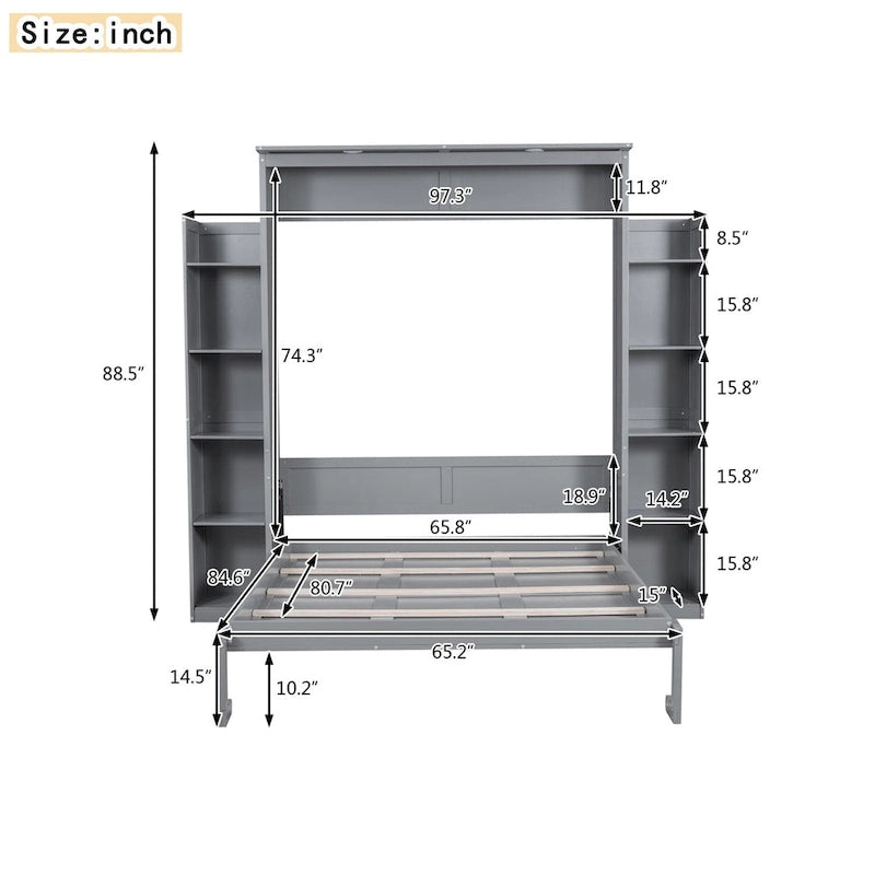 Letto a muro a scomparsa Murphy Queen Bianco/Grigio con ripiani e luci LED, per 1 persona
