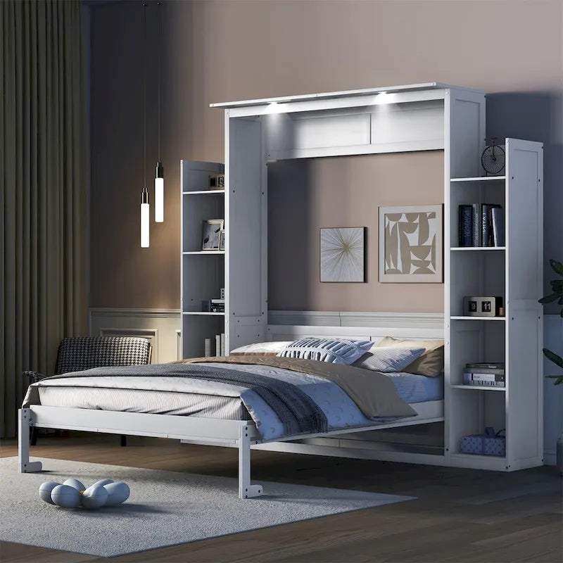 Letto a muro a scomparsa Murphy Queen Bianco/Grigio con ripiani e luci LED, per 1 persona