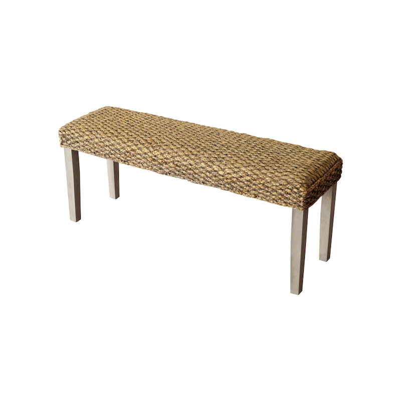 Panchina interna in giacinto d'acqua intrecciato marrone/grigio, gambe in legno di acacia, 2 posti