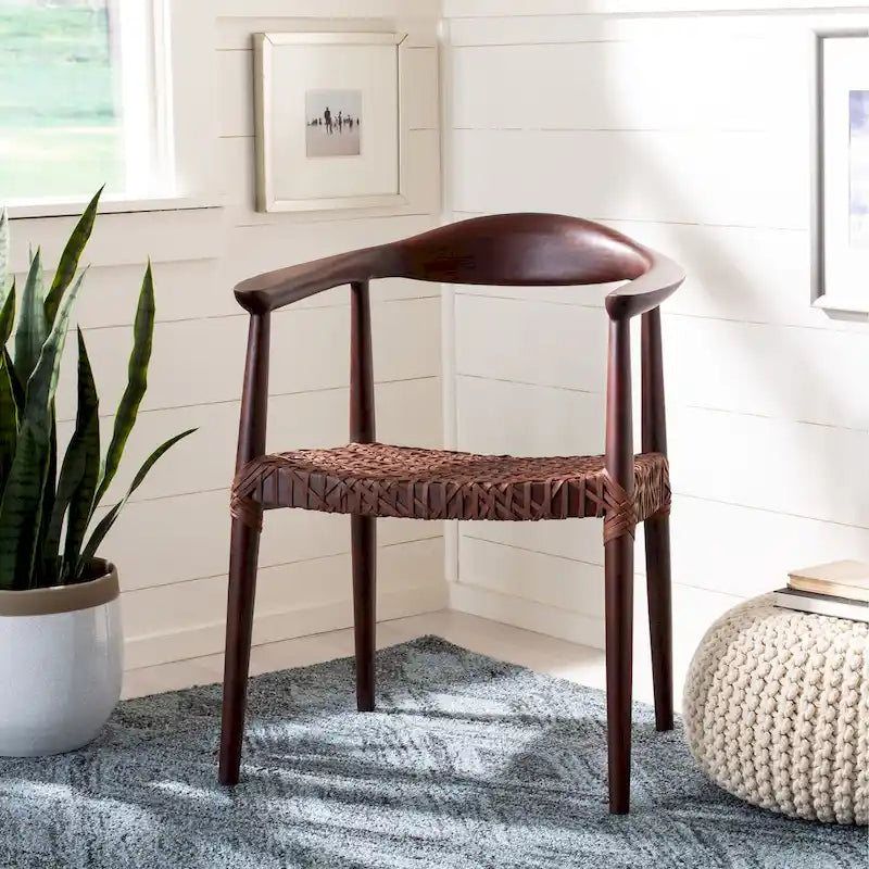 Sedia accento in pelle intrecciata Mid-Century bianca/naturale/noce/nera, 1 posto