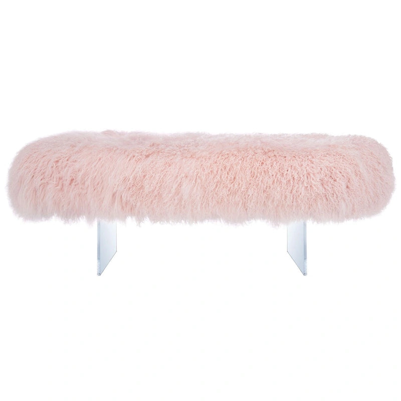 Pouf in vera pelle di pecora bianca/rosa antico con gambe in acrilico – 1 posto