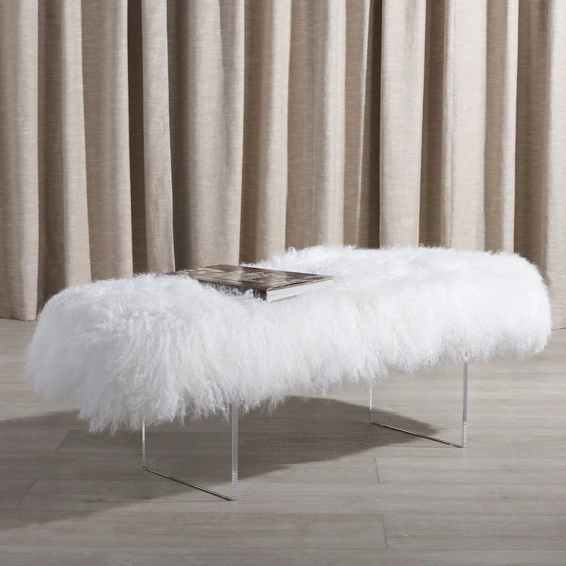 Pouf in vera pelle di pecora bianca/rosa antico con gambe in acrilico – 1 posto