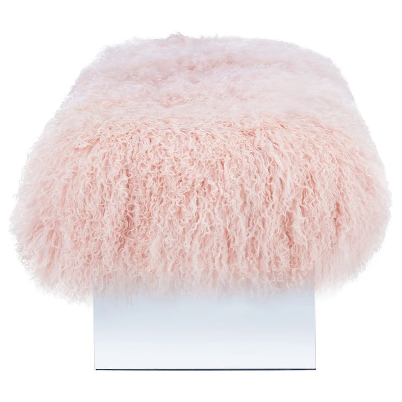 Pouf in vera pelle di pecora bianca/rosa antico con gambe in acrilico – 1 posto