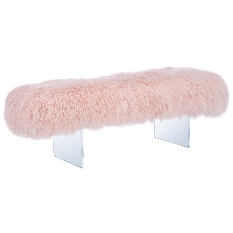 Pouf in vera pelle di pecora bianca/rosa antico con gambe in acrilico – 1 posto