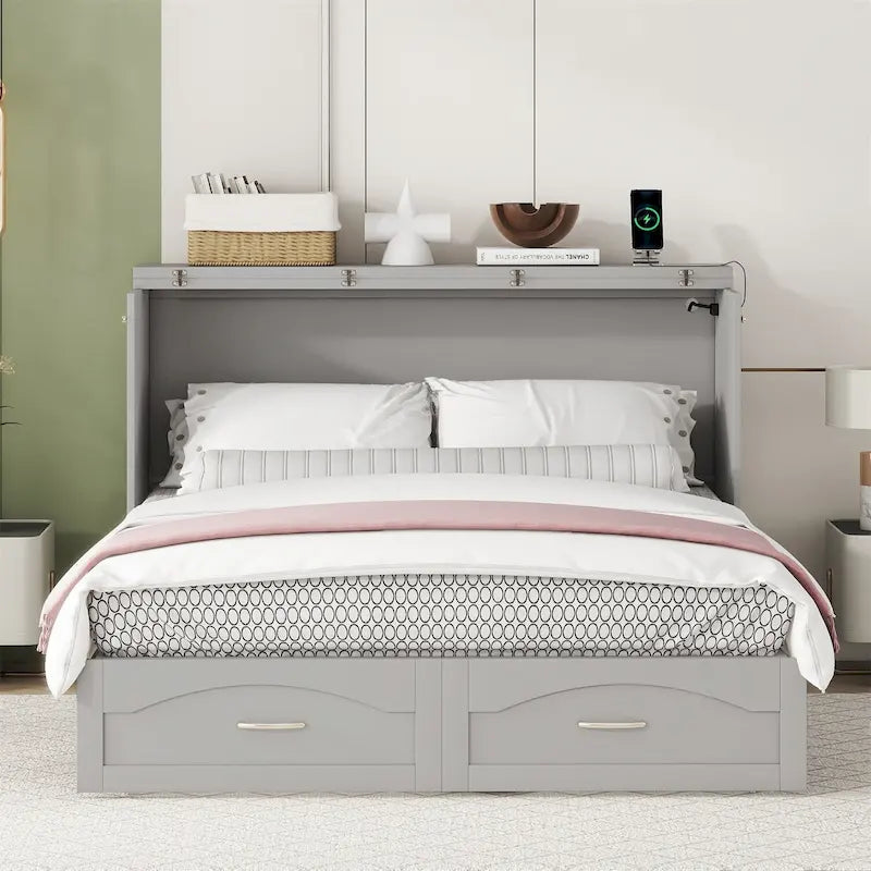Letto a scomparsa matrimoniale/queen bianco/grigio con cassetti e porte USB, per 1-2 persone