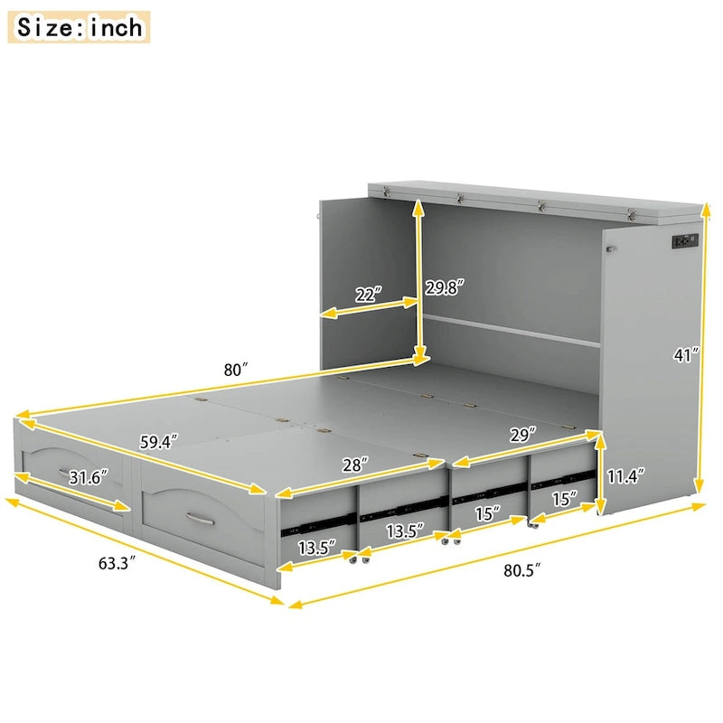 Letto a scomparsa matrimoniale/queen bianco/grigio con cassetti e porte USB, per 1-2 persone