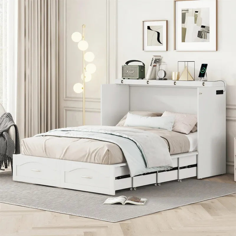 Letto a scomparsa matrimoniale/queen bianco/grigio con cassetti e porte USB, per 1-2 persone