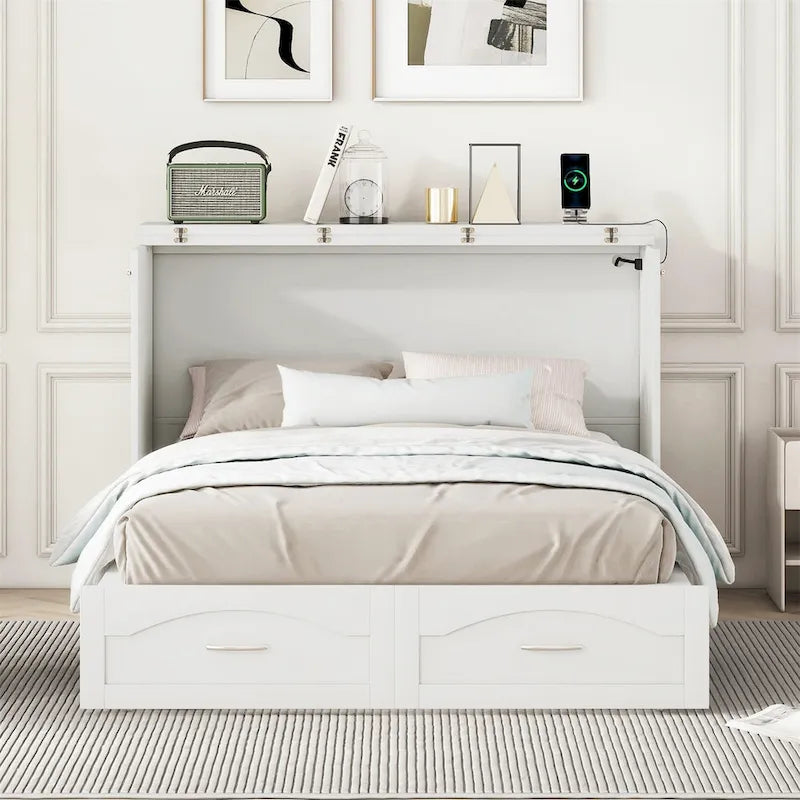 Letto a scomparsa matrimoniale/queen bianco/grigio con cassetti e porte USB, per 1-2 persone