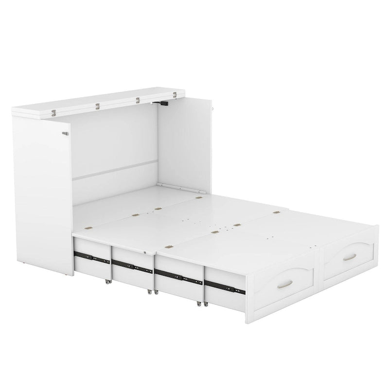 Letto a scomparsa matrimoniale/queen bianco/grigio con cassetti e porte USB, per 1-2 persone