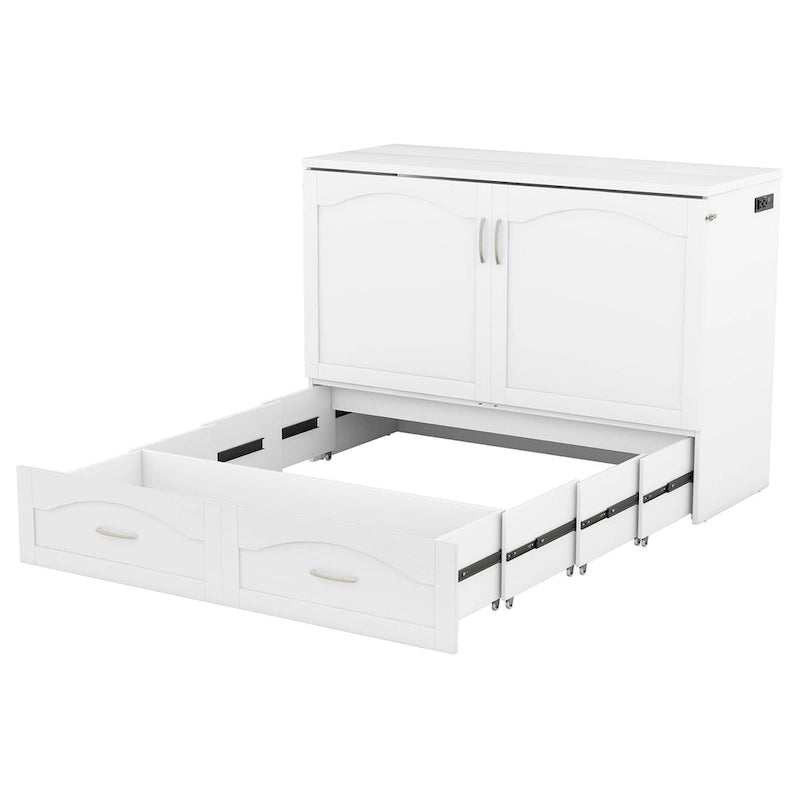 Letto a scomparsa matrimoniale/queen bianco/grigio con cassetti e porte USB, per 1-2 persone