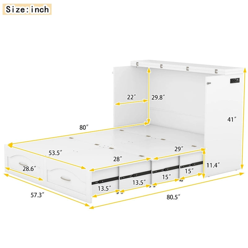 Letto a scomparsa matrimoniale/queen bianco/grigio con cassetti e porte USB, per 1-2 persone