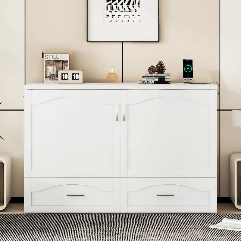Letto a scomparsa matrimoniale/queen bianco/grigio con cassetti e porte USB, per 1-2 persone