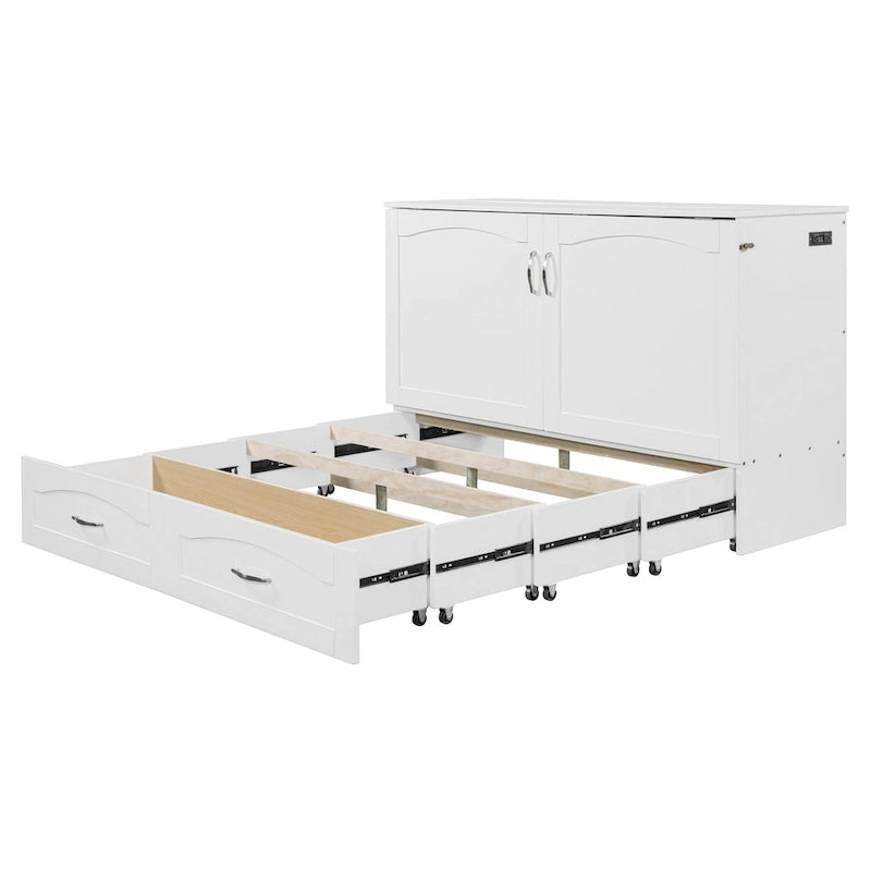 Letto a scomparsa matrimoniale/queen bianco/grigio con cassetti e porte USB, per 1-2 persone