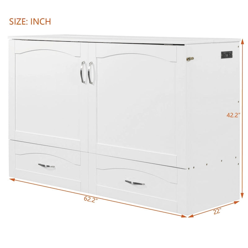 Letto a scomparsa matrimoniale/queen bianco/grigio con cassetti e porte USB, per 1-2 persone