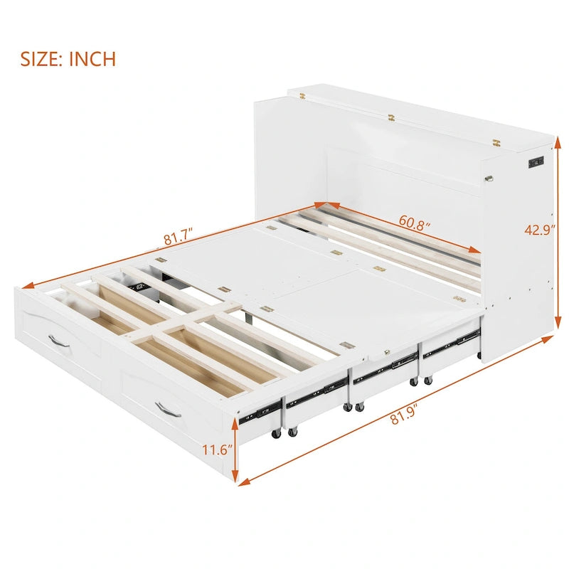 Letto a scomparsa matrimoniale/queen bianco/grigio con cassetti e porte USB, per 1-2 persone