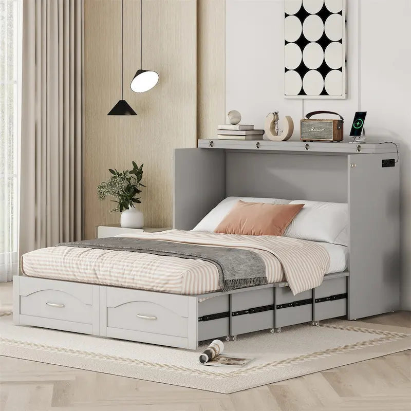 Letto a scomparsa matrimoniale/queen bianco/grigio con cassetti e porte USB, per 1-2 persone