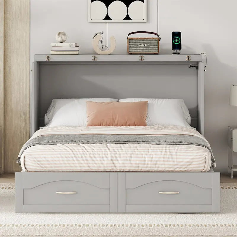 Letto a scomparsa matrimoniale/queen bianco/grigio con cassetti e porte USB, per 1-2 persone