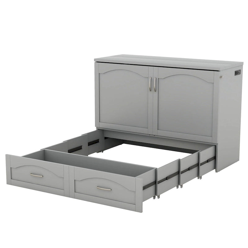 Letto a scomparsa matrimoniale/queen bianco/grigio con cassetti e porte USB, per 1-2 persone
