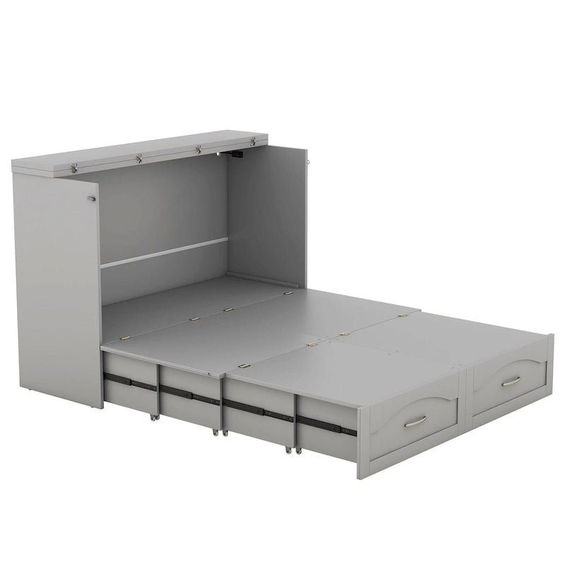 Letto a scomparsa matrimoniale/queen bianco/grigio con cassetti e porte USB, per 1-2 persone