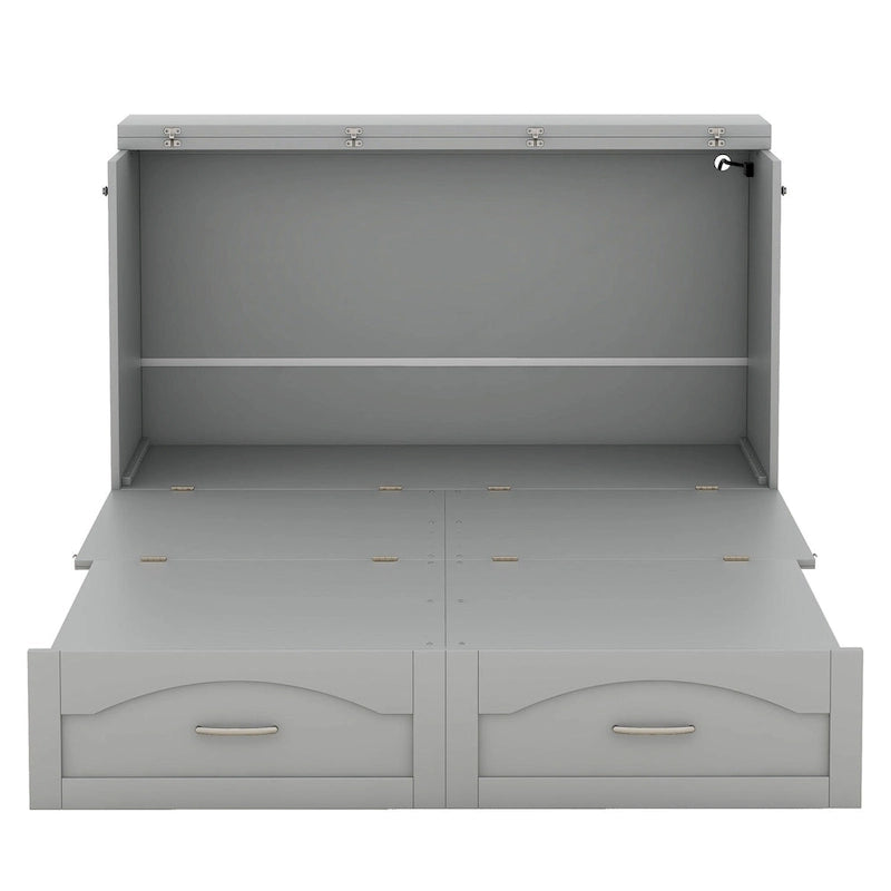 Letto a scomparsa matrimoniale/queen bianco/grigio con cassetti e porte USB, per 1-2 persone