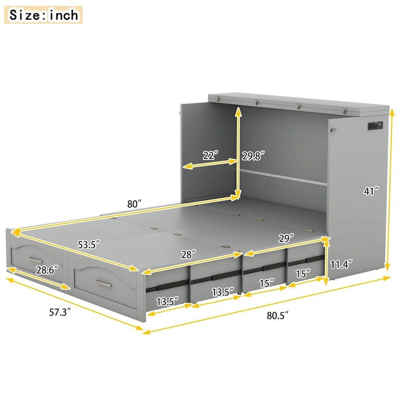 Letto a scomparsa matrimoniale/queen bianco/grigio con cassetti e porte USB, per 1-2 persone