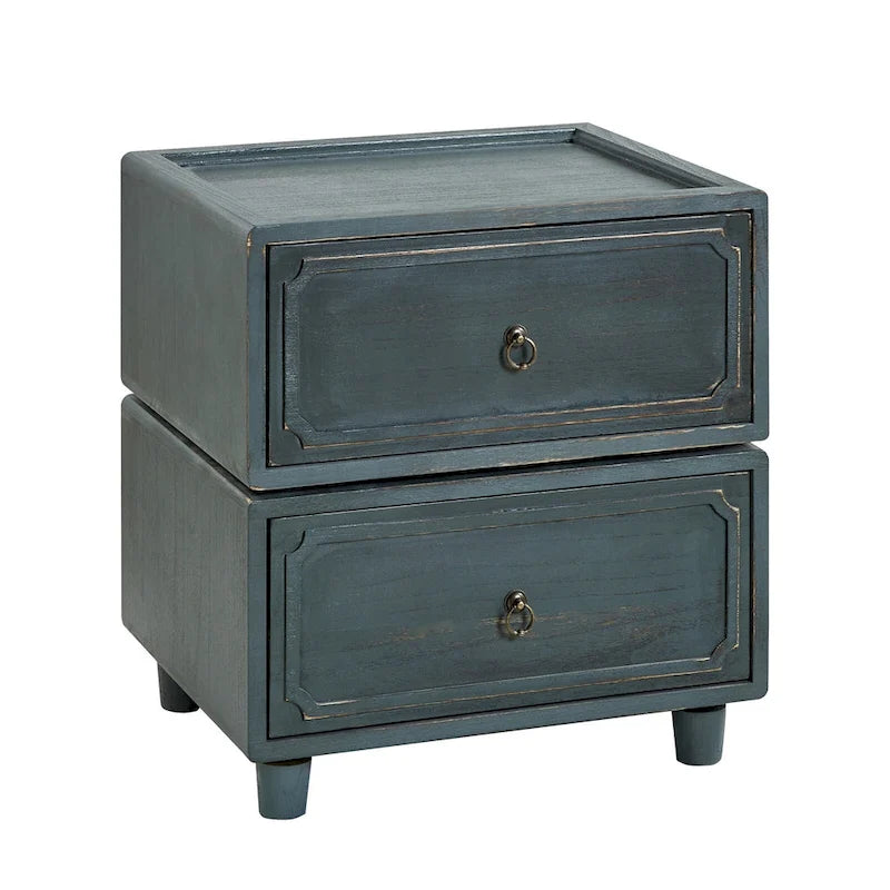 Comodino a 2 cassetti Transizionale Rustico in Noce/Nero/Blu