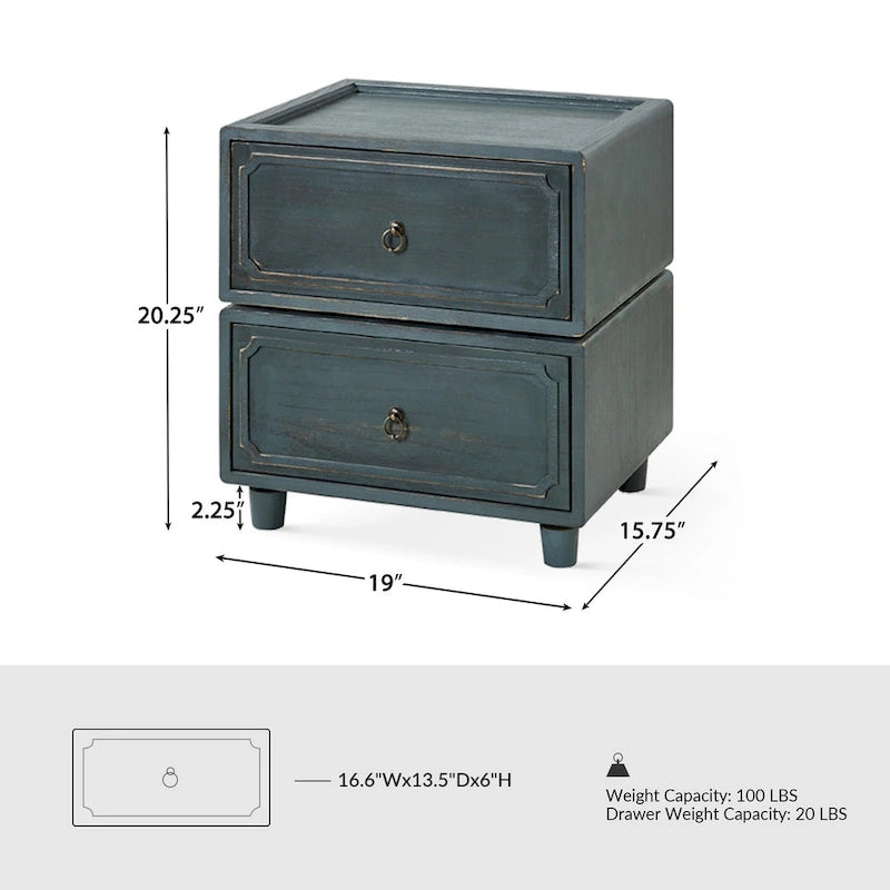 Comodino a 2 cassetti Transizionale Rustico in Noce/Nero/Blu