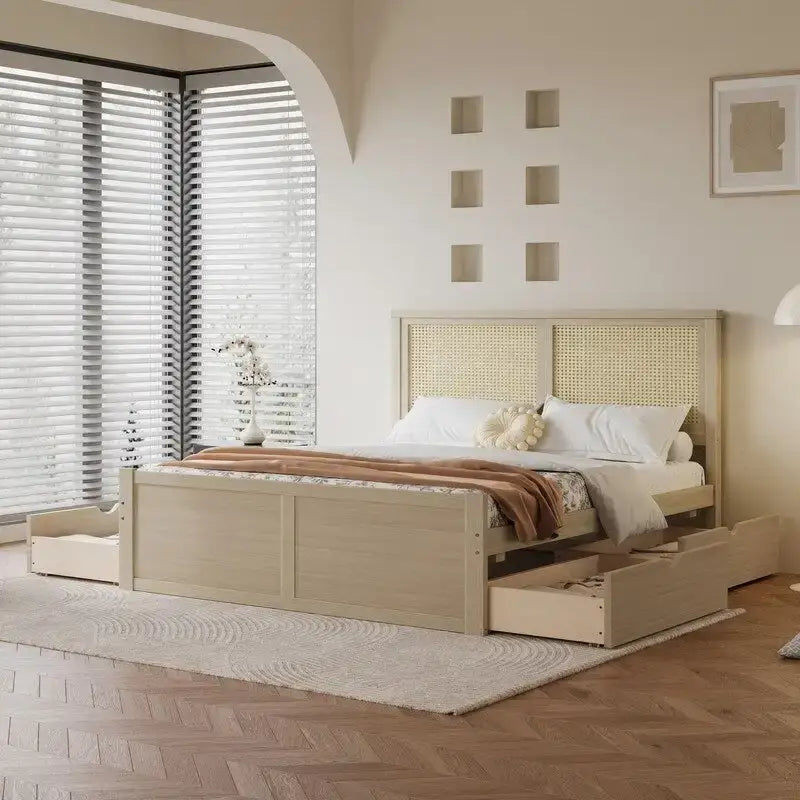 Letto matrimoniale anticato Natural/Espresso con piattaforma e 4 cassetti, testiera in rattan