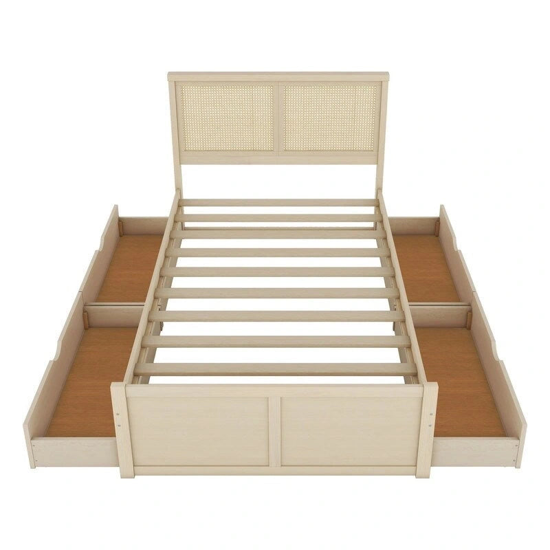 Letto matrimoniale anticato Natural/Espresso con piattaforma e 4 cassetti, testiera in rattan