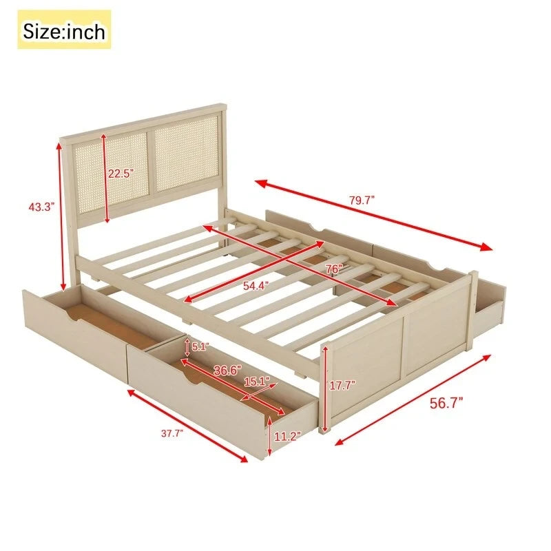Letto matrimoniale anticato Natural/Espresso con piattaforma e 4 cassetti, testiera in rattan