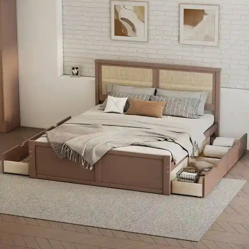 Letto matrimoniale anticato Natural/Espresso con piattaforma e 4 cassetti, testiera in rattan