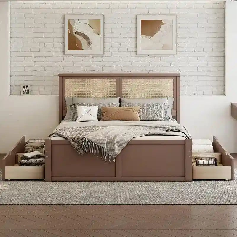 Letto matrimoniale anticato Natural/Espresso con piattaforma e 4 cassetti, testiera in rattan