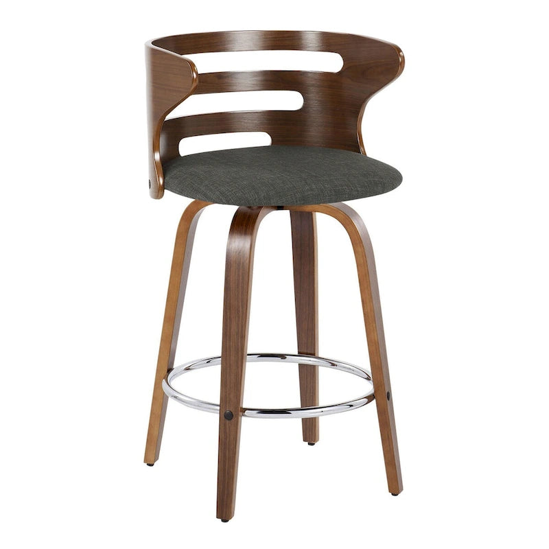 Sgabello fisso girevole da bancone, tessuto/similpelle, legno noce/grigio, set da 2