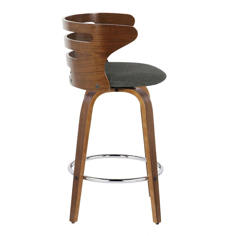 Sgabello fisso girevole da bancone, tessuto/similpelle, legno noce/grigio, set da 2