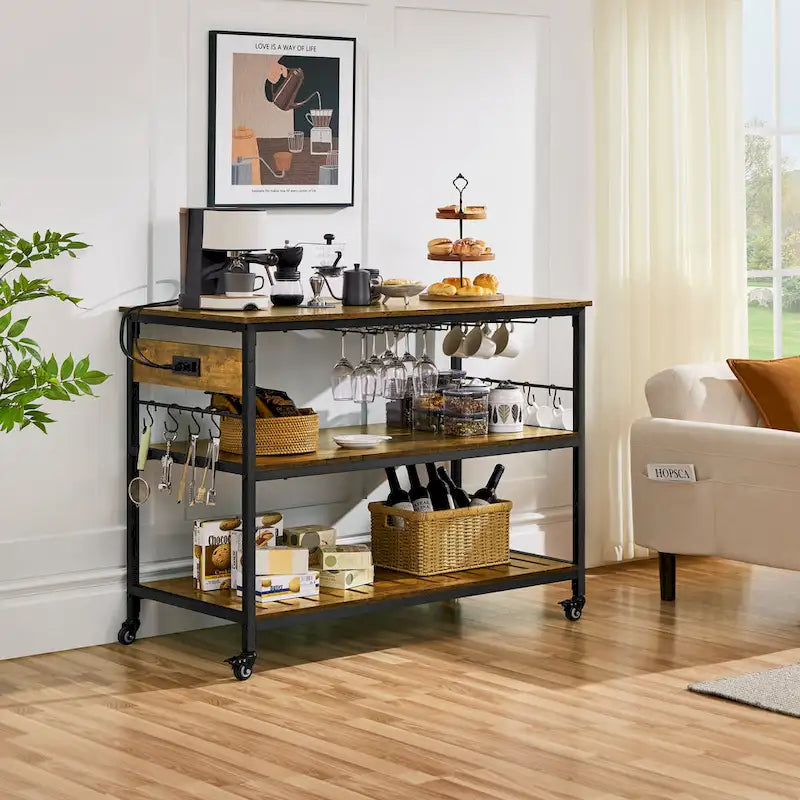 Carrello da cucina in marrone rustico e nero, stile industriale, monoposto