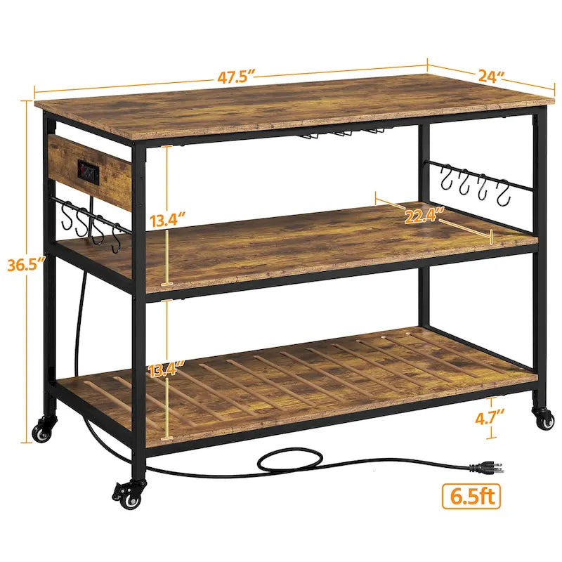 Carrello da cucina in marrone rustico e nero, stile industriale, monoposto