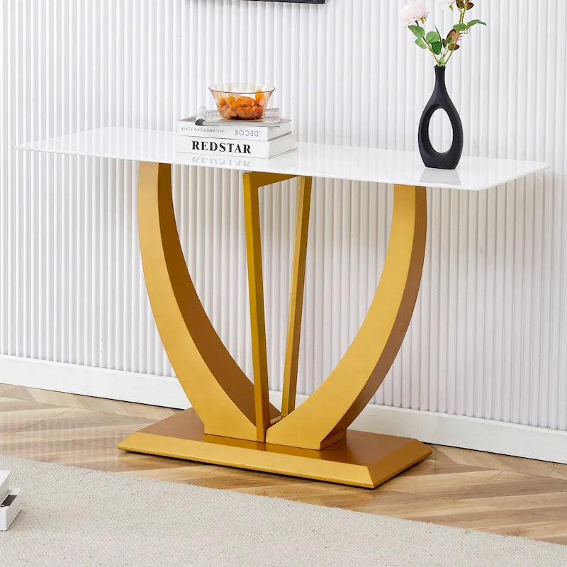 Consolle rettangolare in vetro noce/bianco/oro, stile moderno, 1 persona