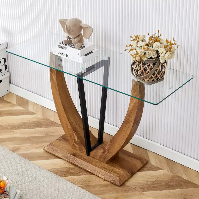 Consolle rettangolare in vetro noce/bianco/oro, stile moderno, 1 persona