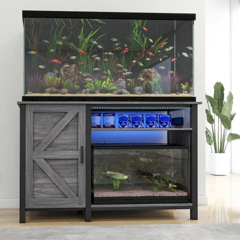 Mobile Acquario con Anta Scorrevole Stile Barn, Grigio/Bianco, 2 Ripiani, per 1-2 Vasche