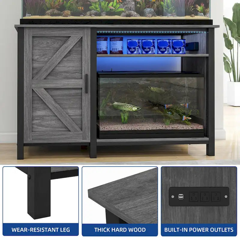 Mobile Acquario con Anta Scorrevole Stile Barn, Grigio/Bianco, 2 Ripiani, per 1-2 Vasche