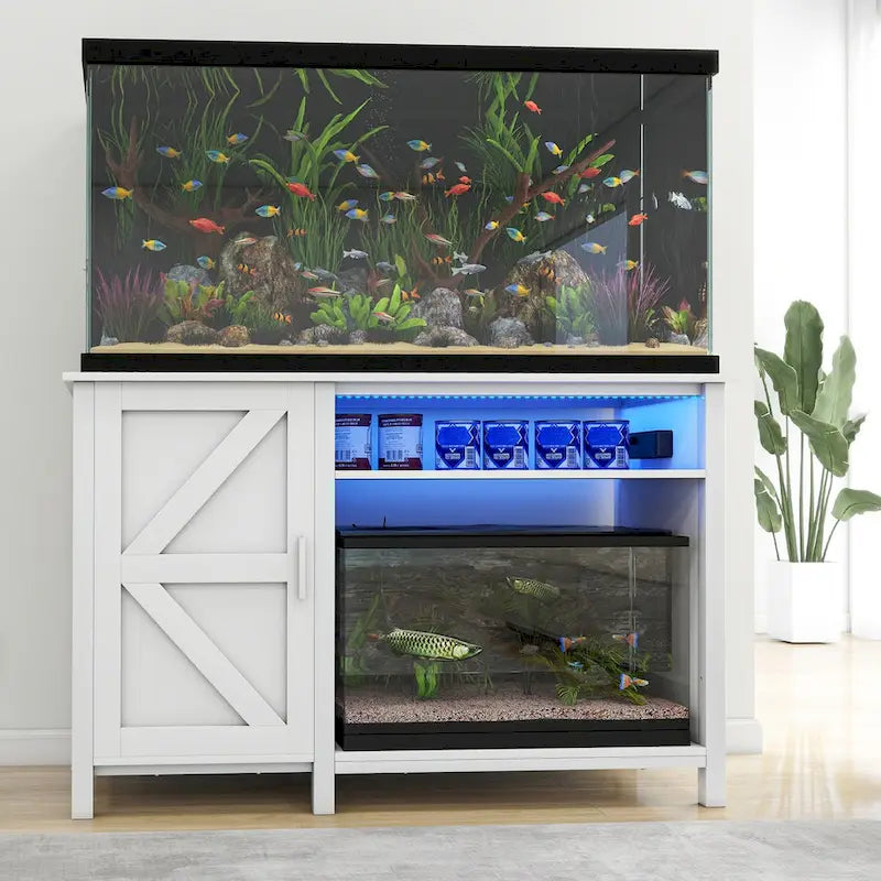 Mobile Acquario con Anta Scorrevole Stile Barn, Grigio/Bianco, 2 Ripiani, per 1-2 Vasche