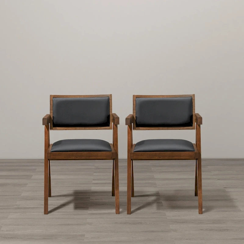 Sedia da pranzo in similpelle nera con braccioli, stile Mid-Century, set da 2