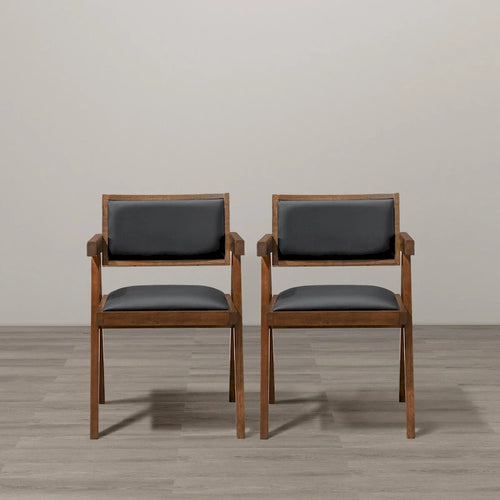 Sedia da pranzo in similpelle nera con braccioli, stile Mid-Century, set da 2