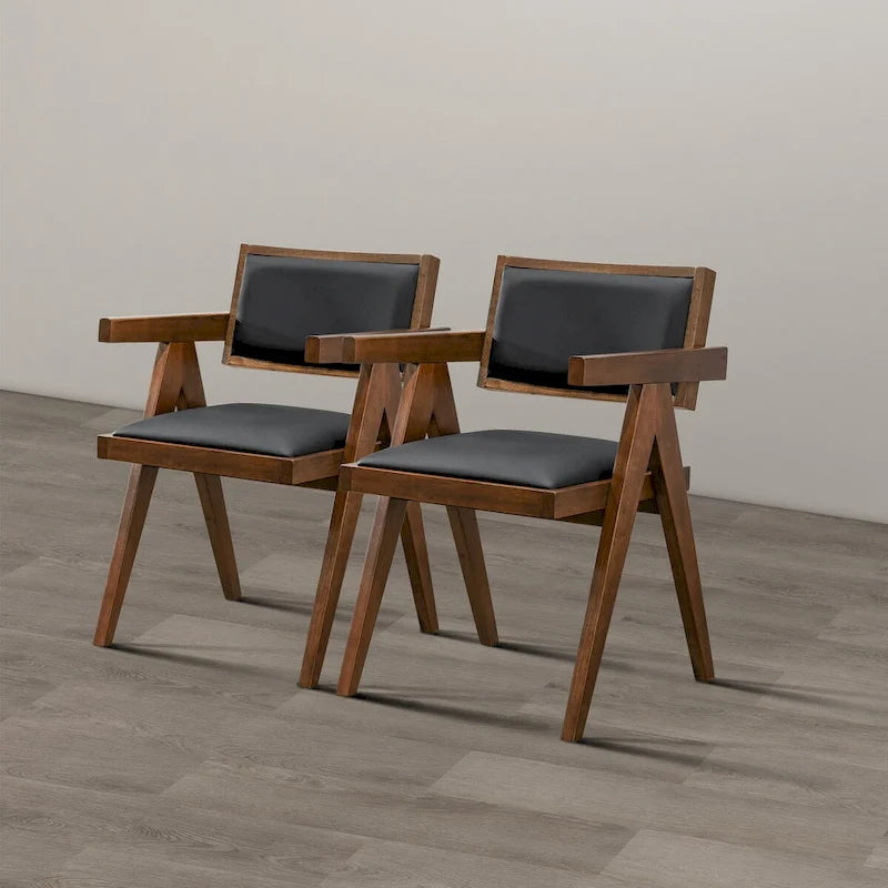 Sedia da pranzo in similpelle nera con braccioli, stile Mid-Century, set da 2