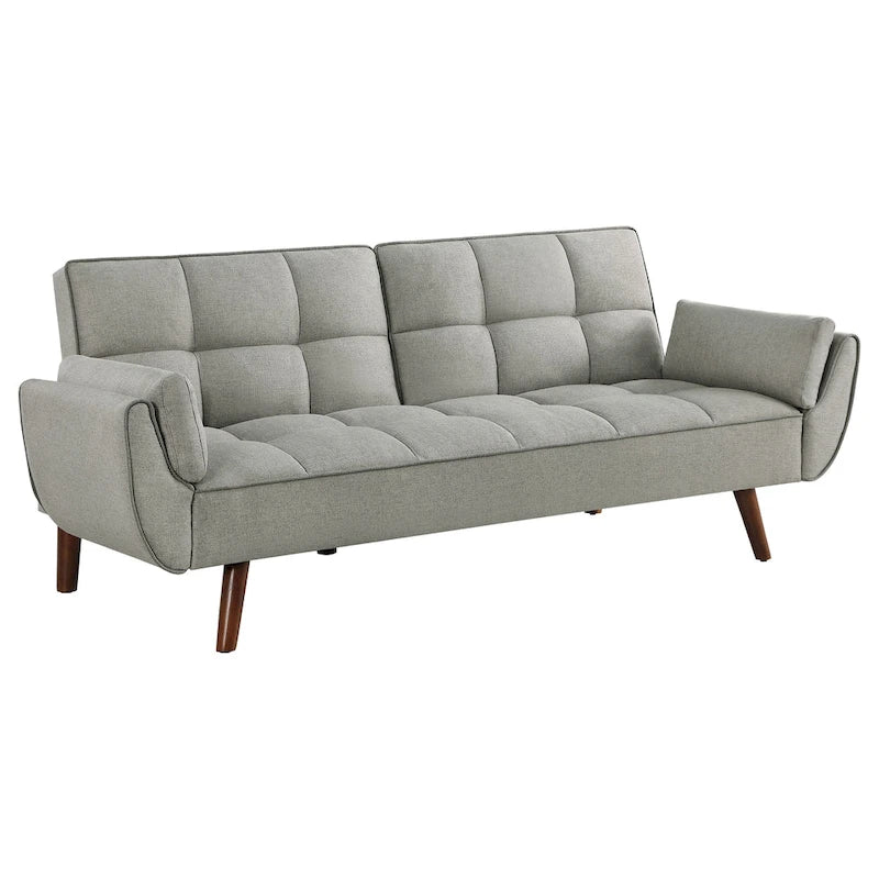 Divano letto futon in tessuto grigio, schienale capitonné, gambe angolate – 1–2 persone