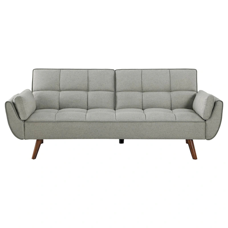 Divano letto futon in tessuto grigio, schienale capitonné, gambe angolate – 1–2 persone
