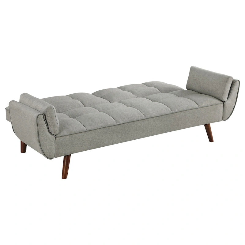 Divano letto futon in tessuto grigio, schienale capitonné, gambe angolate – 1–2 persone