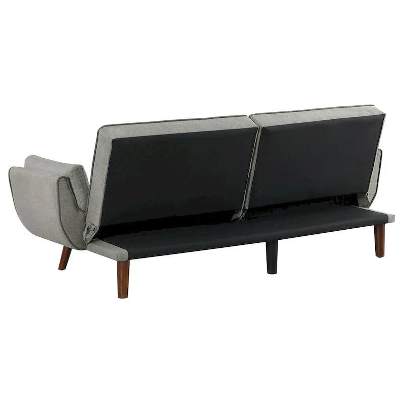 Divano letto futon in tessuto grigio, schienale capitonné, gambe angolate – 1–2 persone
