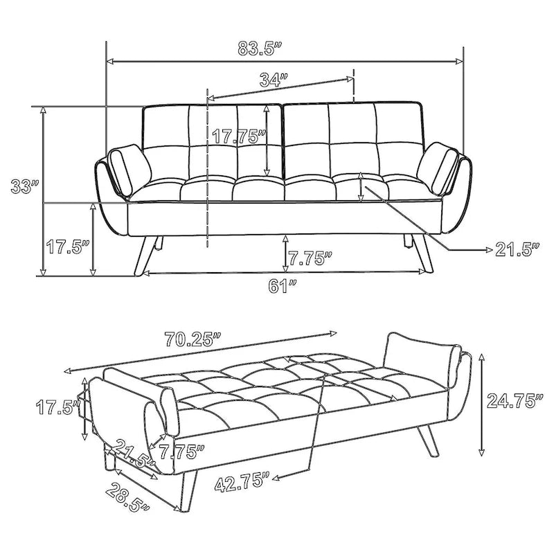 Divano letto futon in tessuto grigio, schienale capitonné, gambe angolate – 1–2 persone